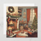 レトロクリスマスツリー付きクリスマスリビングルーム シーズンカード (正面/裏面)