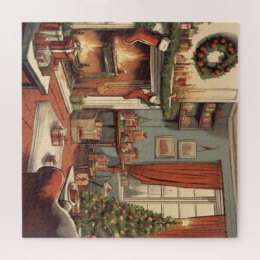 レトロクリスマスツリー付きクリスマスリビングルーム ジグソーパズル (横)