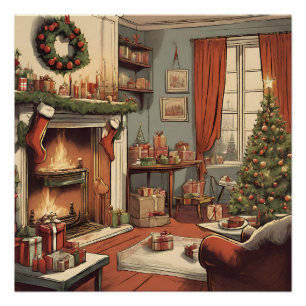 レトロクリスマスツリー付きクリスマスリビングルーム ポスター