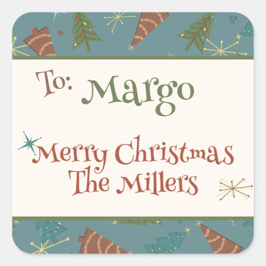 レトロクリスマスツリー家族カスタムのギフトステッカー スクエアシール (正面)