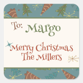 レトロクリスマスツリー家族カスタムのギフトステッカー スクエアシール