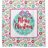 レトロクリスマスティール(緑がかった色)リース シャワーカーテン (正面)