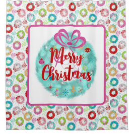 レトロクリスマスティール（緑がかった色）リース シャワーカーテン