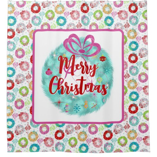 レトロクリスマスティール（緑がかった色）リース シャワーカーテン (正面)