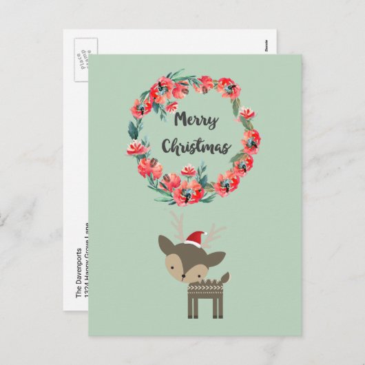 レトロクリスマスディアレッドフローラリースクリスマス シーズンポストカード (正面/裏面)