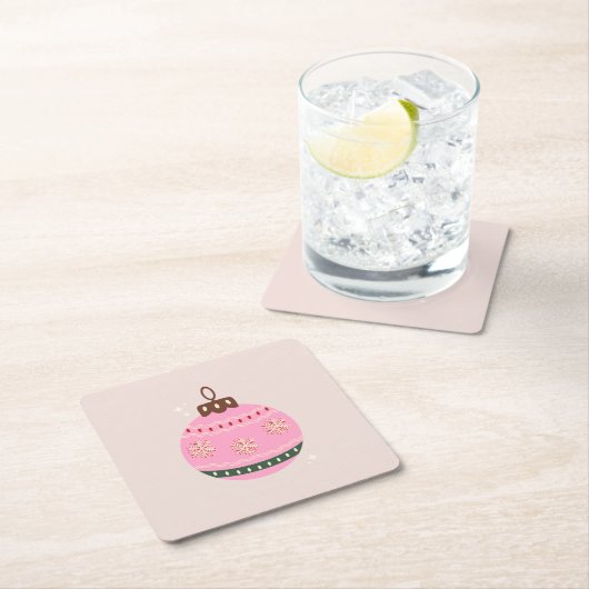 レトロクリスマスバウブルピンクホリデイ スクエアペーパーコースター (インサイチュ)