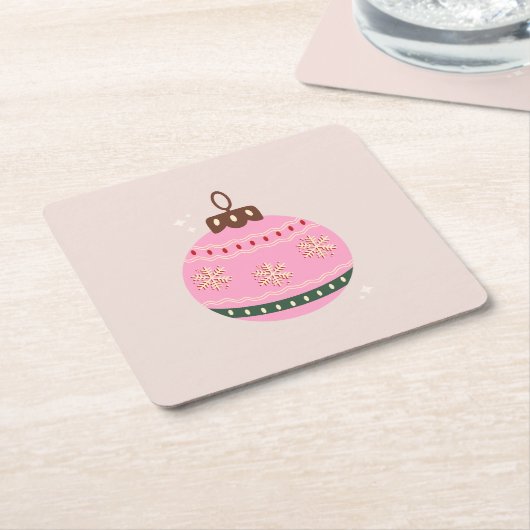 レトロクリスマスバウブルピンクホリデイ スクエアペーパーコースター (アングル)