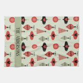 レトロクリスマスパターカスタムンのファミリー名グリーン キッチンタオル (横)