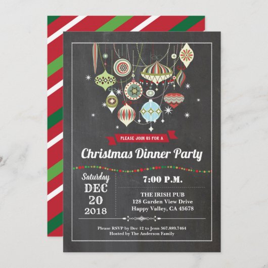 レトロクリスマスパーティーオーナメント交換ヴィンテージ 招待状 (正面/裏面)