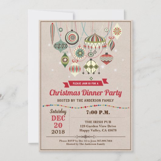 レトロクリスマスパーティーオーナメント交換ヴィンテージ 招待状 (正面)