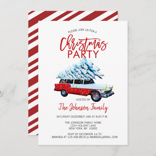 レトロクリスマスパーティーステーションワゴンツリーレッドホワイト 招待状 (正面/裏面)