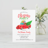 レトロクリスマスパーティーピックアップトラックツリーレッドグリーン 招待状 (スタンド正面)
