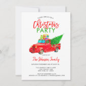 レトロクリスマスパーティーピックアップトラックツリーレッドグリーン 招待状 (正面)