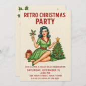 レトロクリスマスパーティー招待状 | ヴィンテージピンアップ 招待状 (正面/裏面)