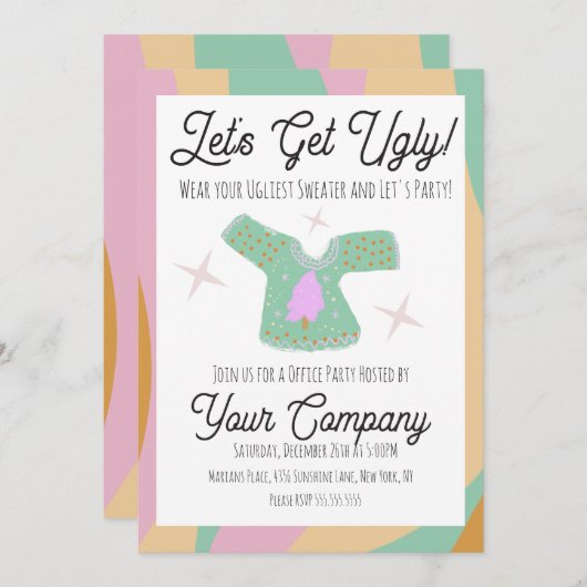 レトロクリスマスパーティー醜いセーターイベント 招待状 (正面/裏面)