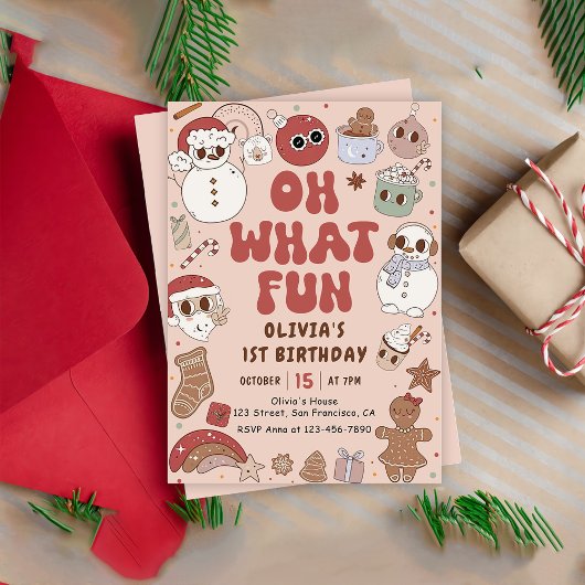 レトロクリスマスヒッピーSanta 1st誕生日 招待状