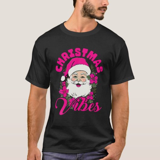 レトロクリスマスビーブピンクサンタクロースおもしろいクリスマス Tシャツ (正面)