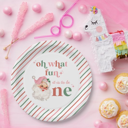 レトロクリスマスピンクサンタファースト誕生日 ペーパープレート (パーティー)