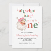 レトロクリスマスピンクサンタファースト誕生日 招待状 (正面)