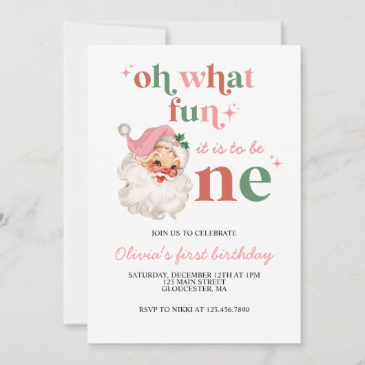 レトロクリスマスピンクサンタファースト誕生日 招待状 (正面)