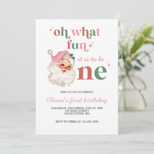 レトロクリスマスピンクサンタファースト誕生日 招待状 (スタンド正面)