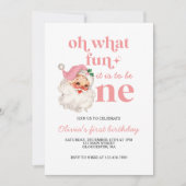 レトロクリスマスピンクサンタファースト誕生日 招待状 (正面)