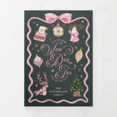 レトロクリスマスピンクリボンファミリーフォトギャラリー 三つ折りクリスマスカード (カバー)