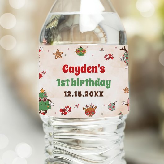 レトロクリスマスファースト誕生日パーティー ペットボトルラベル