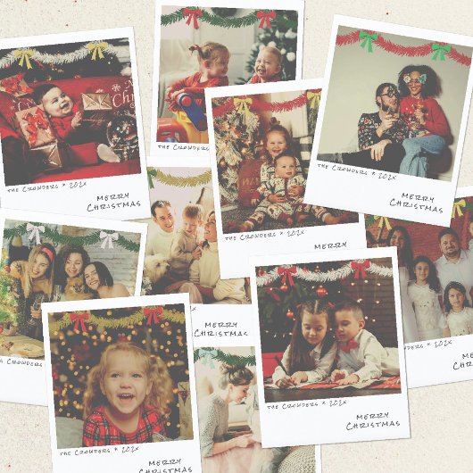 レトロクリスマスフォトカード – 緑と白のガーランド シーズンカード