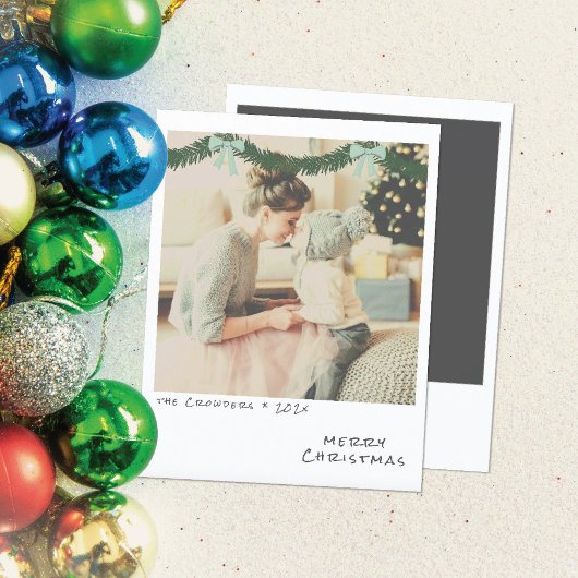 レトロクリスマスフォトカード – 緑と青のガーランド シーズンカード