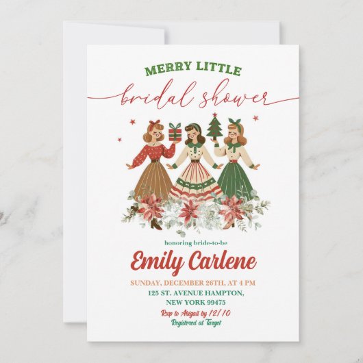 レトロクリスマスフローラメリーリトルブライダルシャワー 招待状 (正面)