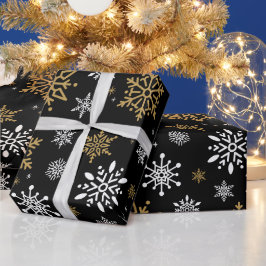 レトロクリスマスブラック&ゴル雪フレークヴィンテージ ラッピングペーパー