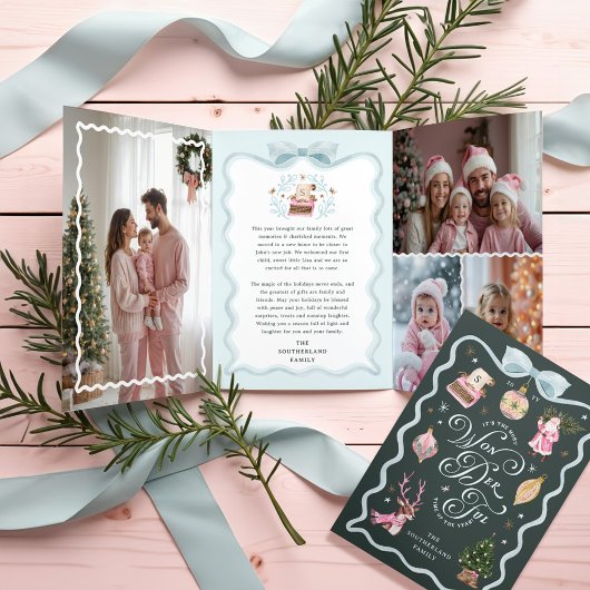 レトロクリスマスブルーリボンファミリーフォトギャラリー 三つ折りクリスマスカード