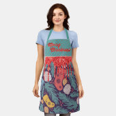 レトロクリスマスプリントレッドドリッピング&金ゴールドグリッター エプロン (着用した状態)