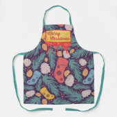 レトロクリスマスプリントレッドドリッピング&金ゴールドグリッター エプロン (正面)