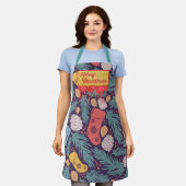 レトロクリスマスプリントレッドドリッピング&金ゴールドグリッター エプロン (着用した状態)