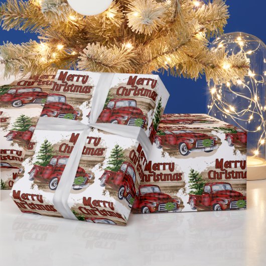 レトロクリスマスプレイドレッドヴィンテージトラックウォーターカラー ラッピングペーパー (クリスマス)