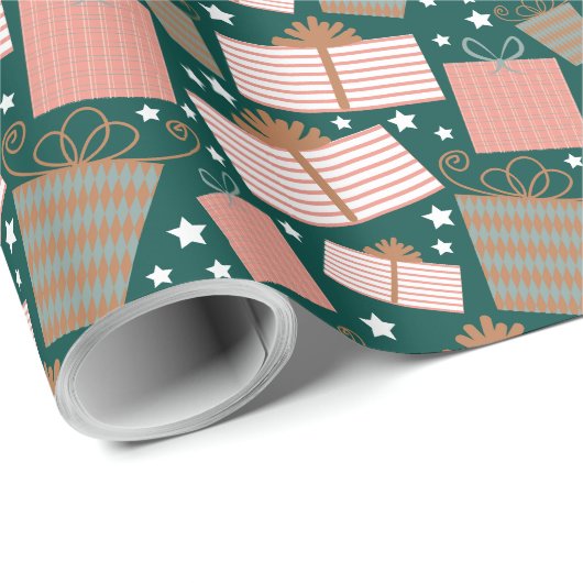 レトロクリスマスプレゼントの模様を桃とティール(緑がかった色) ラッピングペーパー (ロールコーナー)