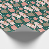 レトロクリスマスプレゼントの模様を桃とティール(緑がかった色) ラッピングペーパー (角)