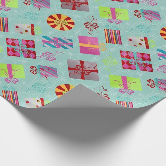 レトロクリスマスプレゼントティール（緑がかった色）クリスマス ラッピングペーパー (角)