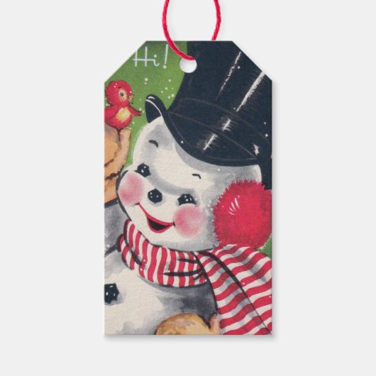 レトロクリスマスホリデー雪だるまパーティー追加の名前タグ ギフトタグ (正面)