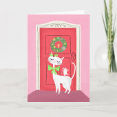 レトロクリスマスホワイトキャットとマウスホリデーカード シーズンカード (正面)