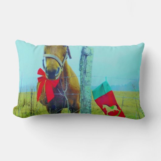 レトロクリスマスホースストッキングとレッドボウ ランバークッション (正面)