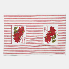 レトロクリスマスポインセチア赤と白ストライプ キッチンタオル