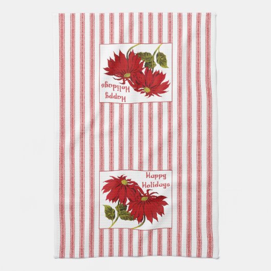レトロクリスマスポインセチア赤と白ストライプ キッチンタオル (縦)