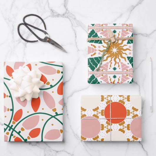 レトロクリスマスライトツリーオーナメントホリデイ ラッピングペーパーシート (正面)