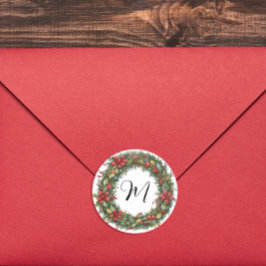 レトロクリスマスリース及びモノグラム水彩画 ラウンドシール