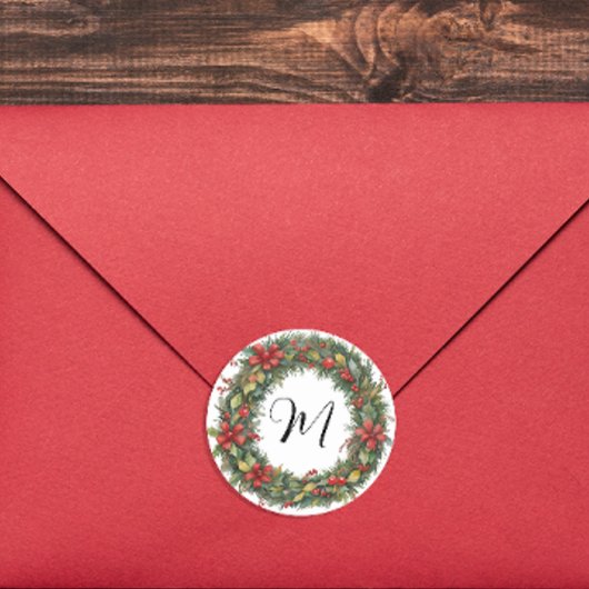 レトロクリスマスリース及びモノグラム水彩画 ラウンドシール