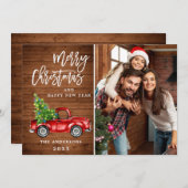 レトロクリスマスレッドトラック素朴写真グリーティング シーズンカード (正面/裏面)