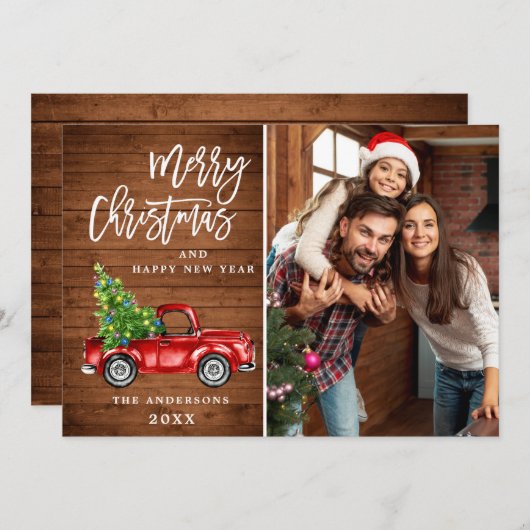 レトロクリスマスレッドトラック素朴写真グリーティング シーズンカード (正面/裏面)